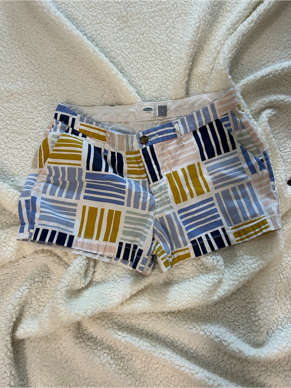 Old Navy Geometric Multi-Stripe Cotton Shorts in Blue, Mustard, Navy, Light Pink